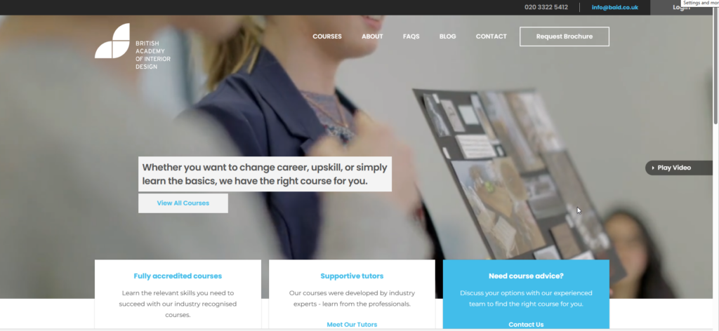 Screenshot of the British Academy of Interior Design website.