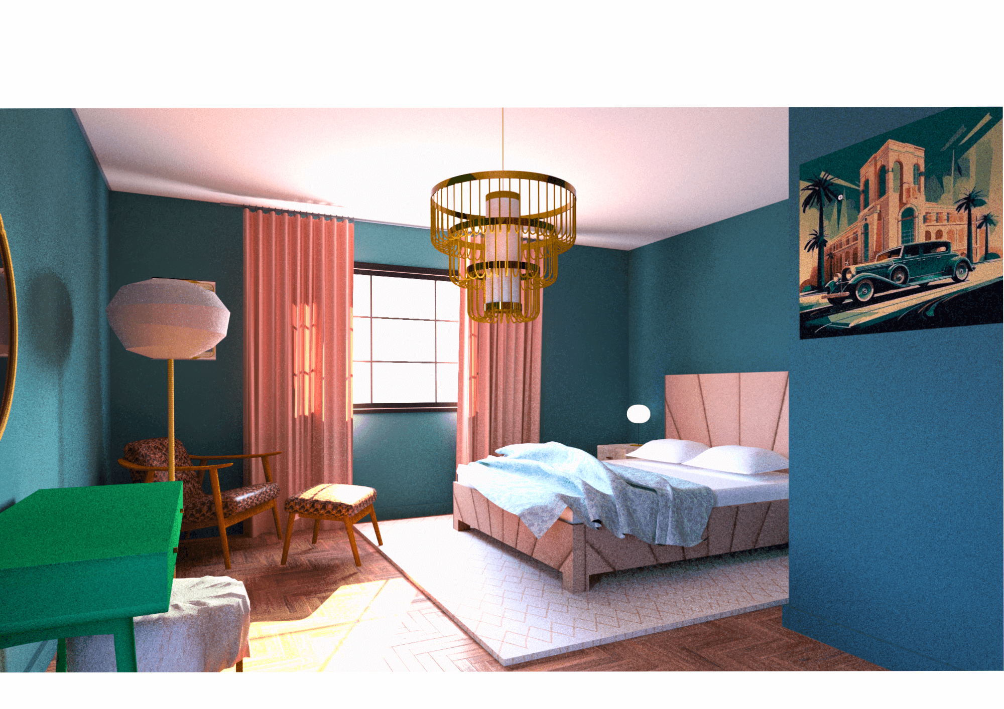 Interior Design Calming Primary Bedroom Rendered Image of Bed and Reading Area