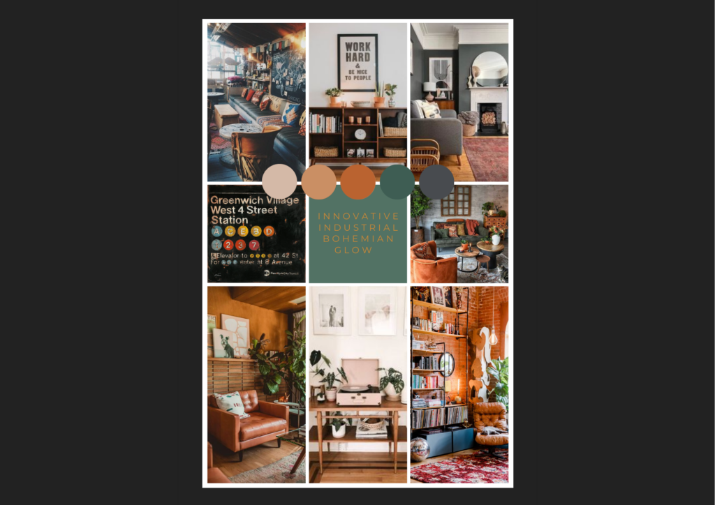 Concept board / mood board for multi functional living room and home office