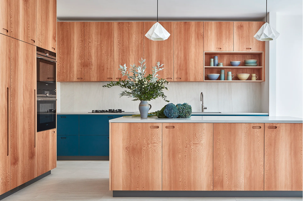 Kitchen Cabinet Colours For 2025: natural wood and blue